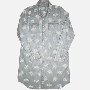 Gap Dress Womens S Blue Chambray Long Sleeve Pockets Western Pearl Snap Paisley